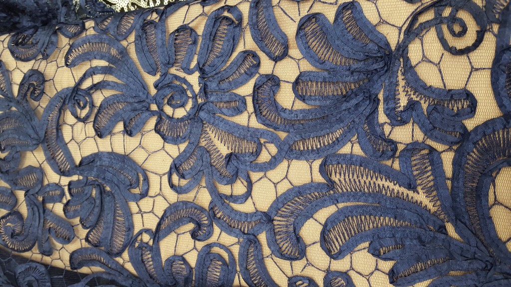 Close up of blue lace over nude fabric