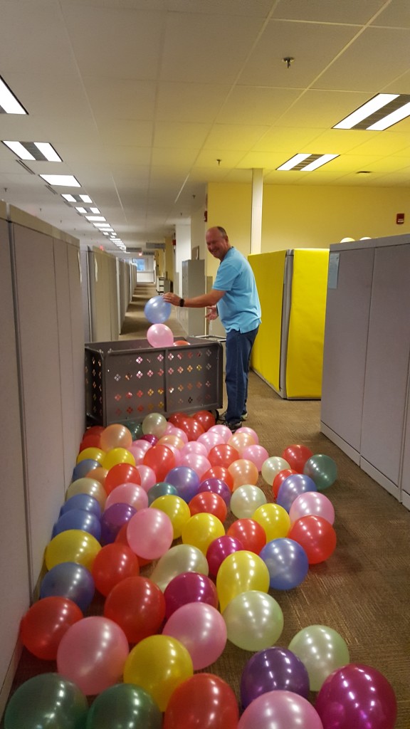 Roger spent much of the morning moving balloons . At least it wasn't heavy lifting. 