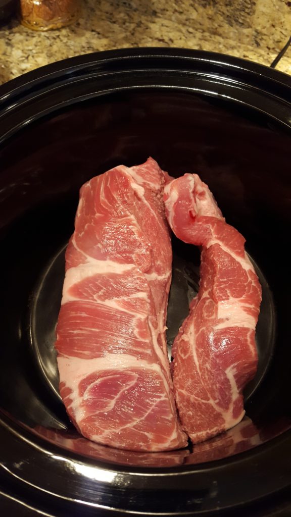 Put 2 lbs of pork in crock pot, frozen or fresh. 