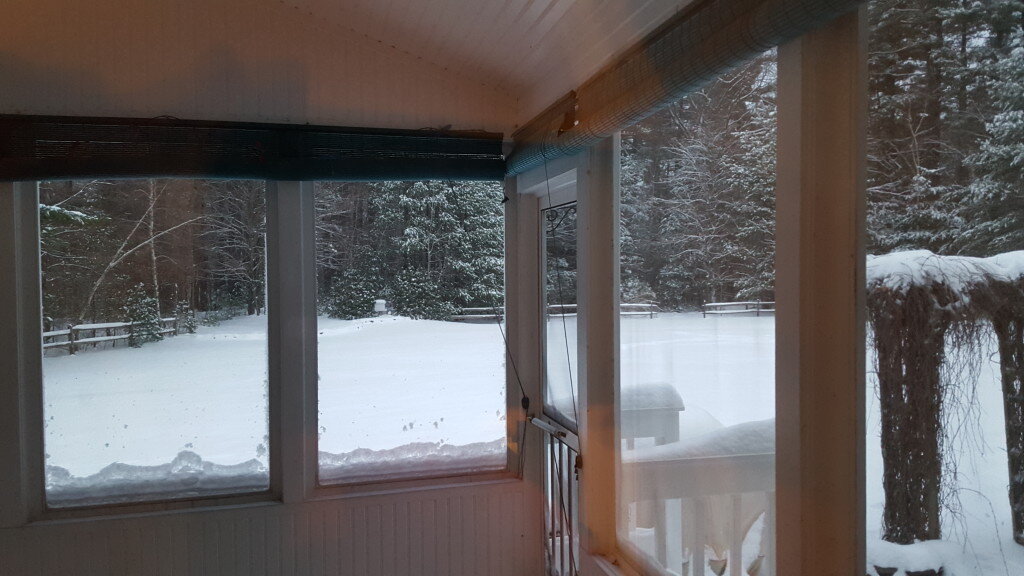 Look freshly fallen snow in April! Off in the back left is the beehive covered in snow.